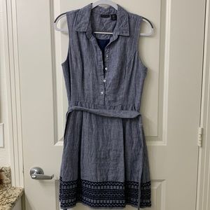 TAHARI Blue Linen Dress with Tie